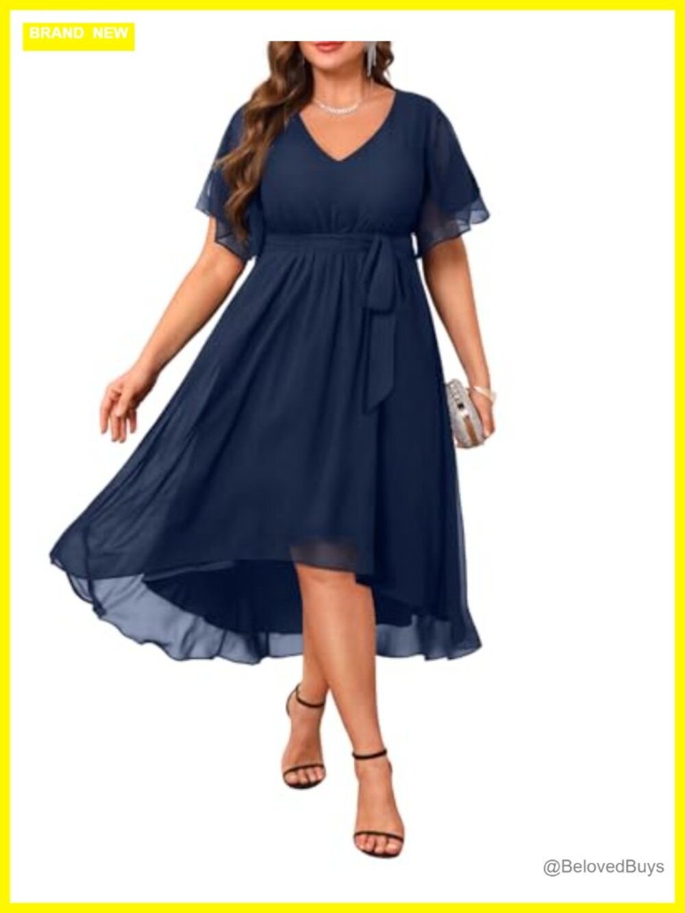 Plus Size Chiffon High Low Dress Short Sleeve V-Neck Wedding Guest